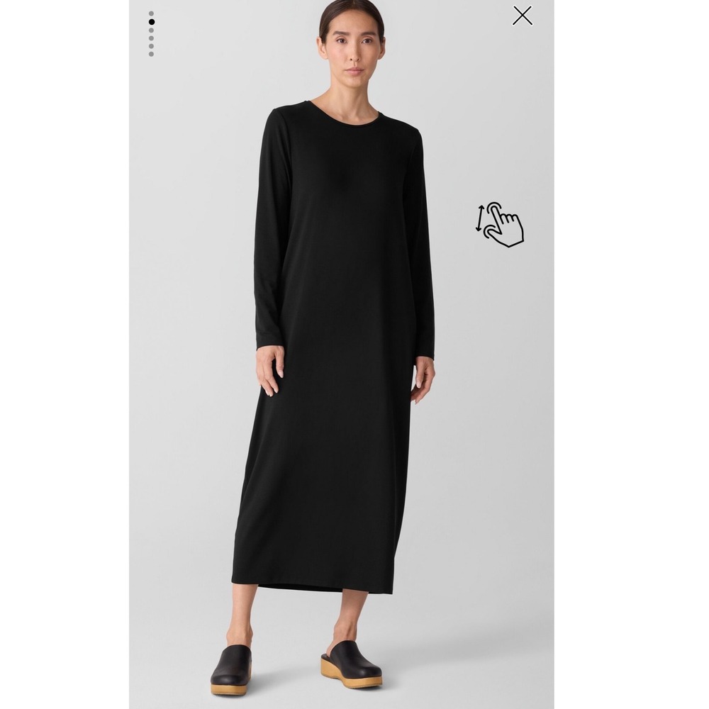 Eileen Fisher Dress Womens Small Black Jersey Knit Long Sleeve High Low Midi